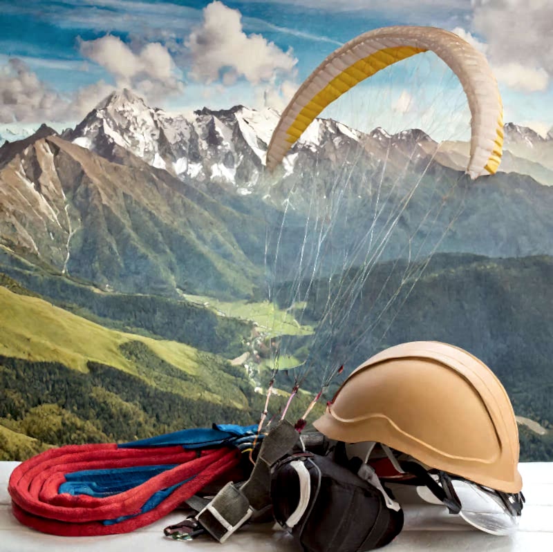 yamaç paraşütü 2.el malzemeleri: harnes, yedek paraşüt ve kask